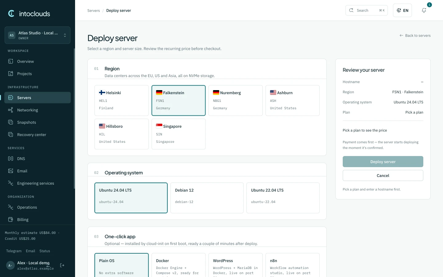 IntoClouds control panel: choosing a server region and operating system.
