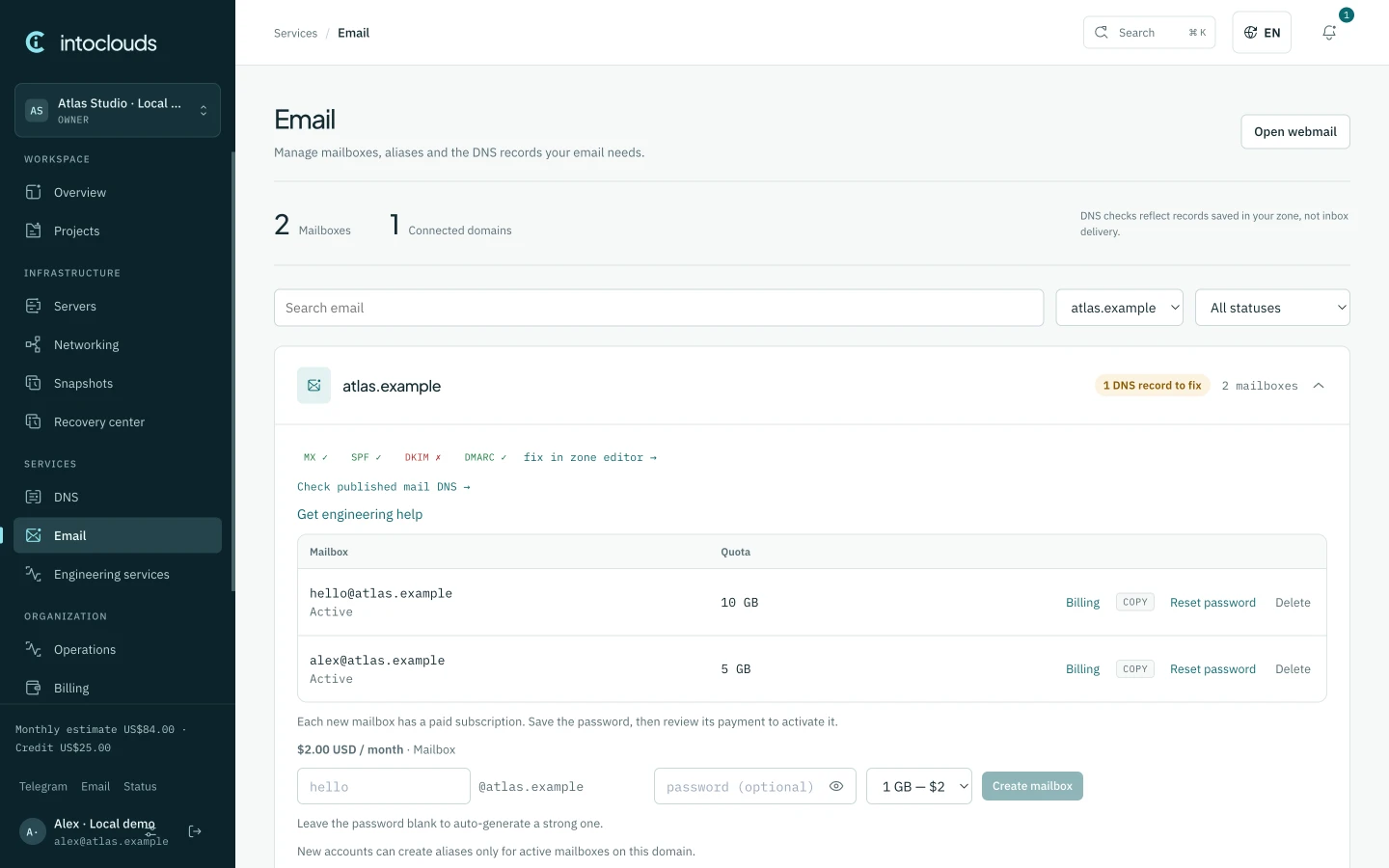 IntoClouds email settings with mailboxes and domain DNS checks.